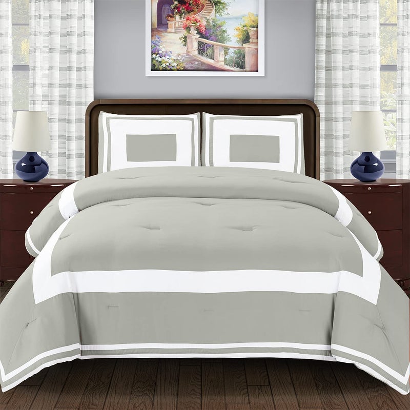 Superior Superior Grammercy Color Blocked Comforter Set with Pillow Shams Luxury Hotel Bedding with Soft Microfiber Shell All Season Down Alternative Fill  FullQueen Grey