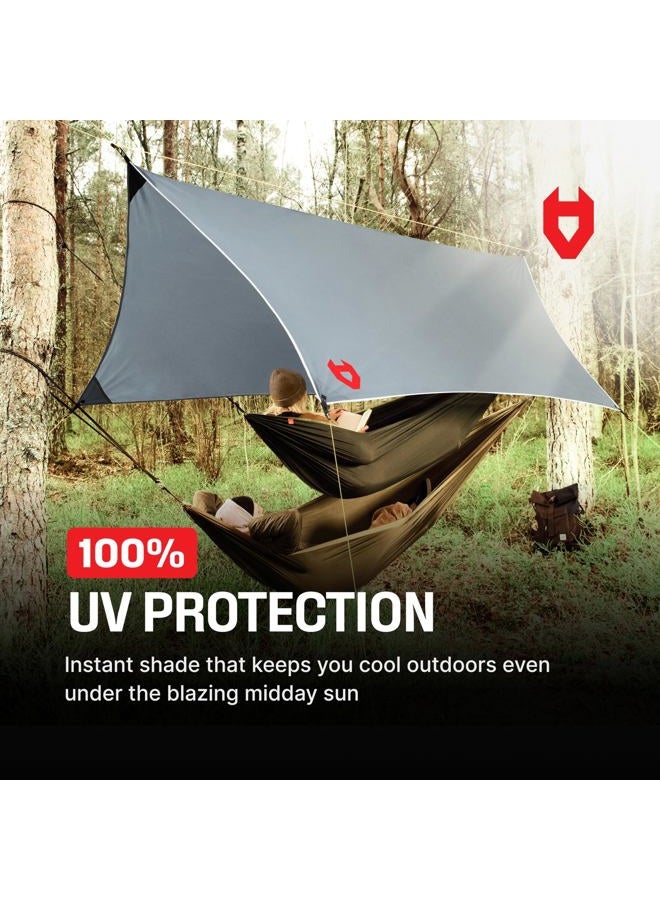 NoCry Rain Fly12x10 Lightweight Survival Camping Tarp; 100% Waterproof; Makes a Great Backpacking Tarp or Hammock Shelter; Comes in Multiple Colors, Survival Bracelet Included; Grey - Image 4