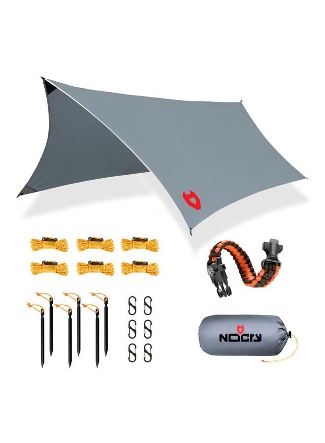 NoCry Rain Fly12x10 Lightweight Survival Camping Tarp; 100% Waterproof; Makes a Great Backpacking Tarp or Hammock Shelter; Comes in Multiple Colors, Survival Bracelet Included; Grey - Image 1