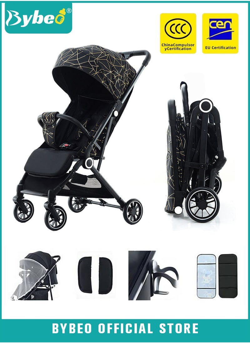 Bybeo Lightweight Baby Stroller,  One-Hand Folding Babies Strollers, Shock Absorption Travel Cabin for Newborn Infant Kids Aged 0 to 4, with Sunshade, Cooling Mat, Mosquito Net, 175-Degree Adjustable Seat  - Image 1