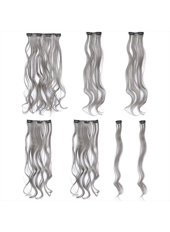 Women 20 Inches Curly Full Head 7 Separate Pieces Heat Resistance Synthetic Hair Clip in Hair Extensions (Grey)
