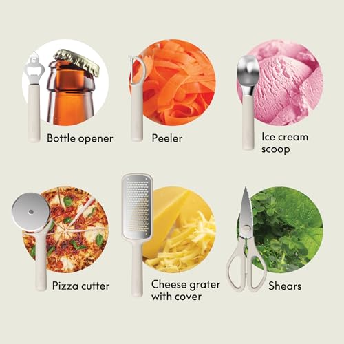 bella 7Piece Modular Gadget Set Grater Pizza Cutter Ice Cream Scoop Peeler Shears Bottle Opener Crock with removable divider Dishwasher Safe Oatmilk - Image 3