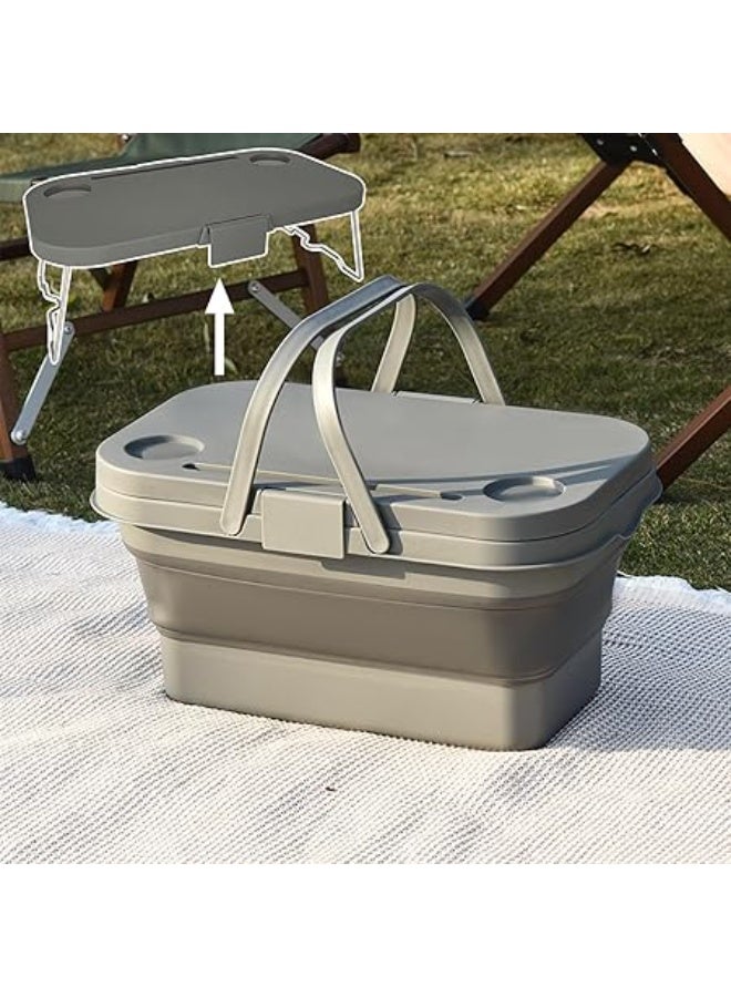 عربست سلة نزهة قابلة للطي، سلة نزهة قابلة للطي بمقابض (مع غطاء طاولة)، سلة حديقة قابلة للطي، سلة حصاد قابلة للطي للتخييم، الشاطئ، المشي لمسافات طويلة، وتناول الطعام في الهواء الطلق (رمادي) - Image 1