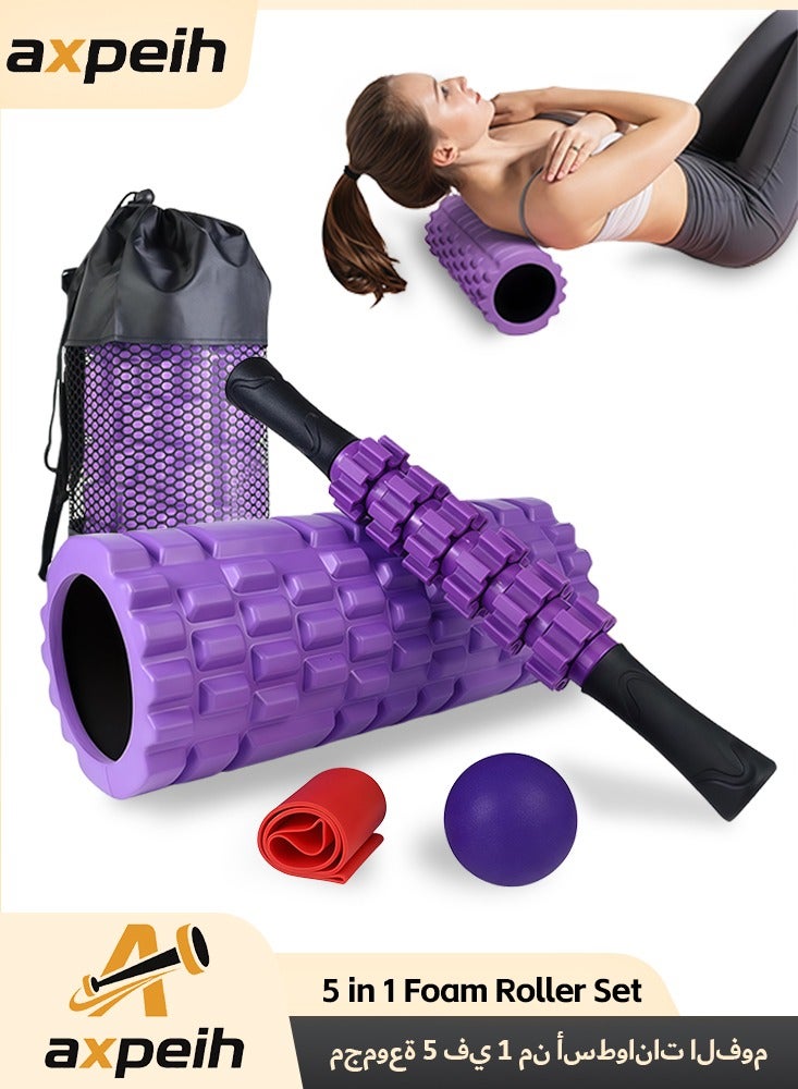 5 in 1 Foam Roller Set, Trigger Point Foam Roller, Massage Roller Stick, Massage Ball, Resistance Band for Deep Muscle Massage Pilates Yoga,Fitness Exercise for Whole Body Purple