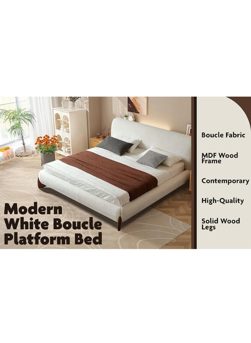 Karnak Mou Luxury White Tandy Boucle Fabric Platform Bed King size 180x200cm – Upholstered Bed Frame, Solid Wood, Contemporary Design - Image 4