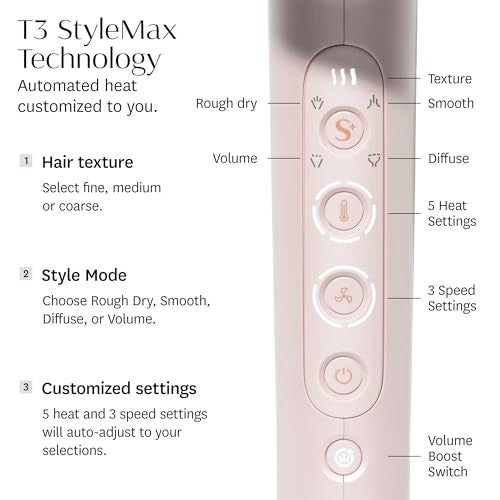 T3 Featherweight StyleMax Professional Ionic Hair Dryer with Custom Heat Automation & 4 Attachments, Fast Drying, Lightweight with 5 Heat & 3 Speed Settings, 2 Concentrators, Diffuser & Smoothing Comb - Image 2