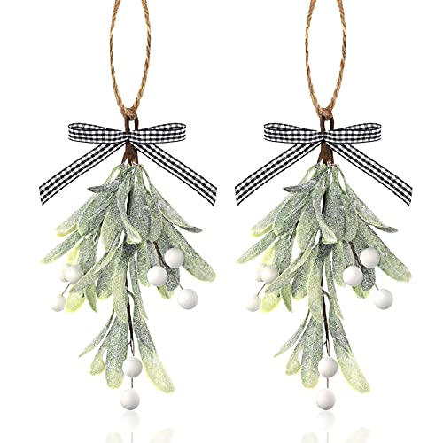 Artificial Mistletoe Pick Buffalo Plaid Bow White Berries Mistletoe Kissing Ball Christmas Mistletoe Hanging Ornament Christmas Tree Ornaments for Christmas Party Tree Decorations 2 Pieces