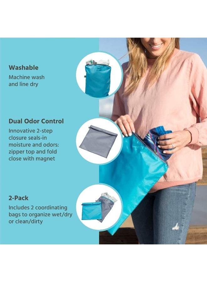 J.L. Childress Wet-to-Go Portable Wet and Dry Bags, Waterproof and Leakproof, Machine-Washable, Reusable for Cloth Diapers, Wet Clothes, Swimsuits, and More. 2 Pack, Teal/Grey - Image 2