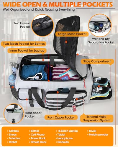 RAINSMORE Gym Bag for Men, 45L Sports Travel Duffel Bag with Shoe & Laptop Compartment, Gym Workout Backpack Carry On Weekender Bag Overnight Backpack for Travel, Grey - Image 4