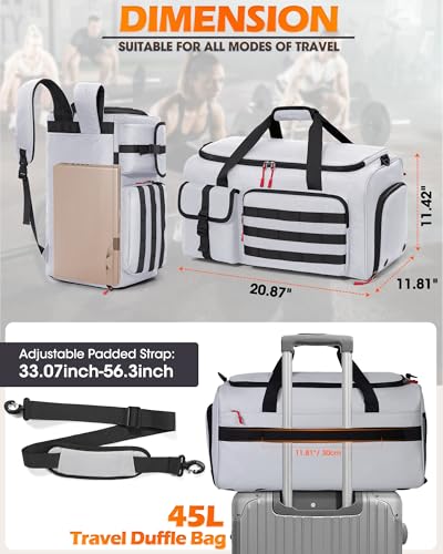 RAINSMORE Gym Bag for Men, 45L Sports Travel Duffel Bag with Shoe & Laptop Compartment, Gym Workout Backpack Carry On Weekender Bag Overnight Backpack for Travel, Grey - Image 5