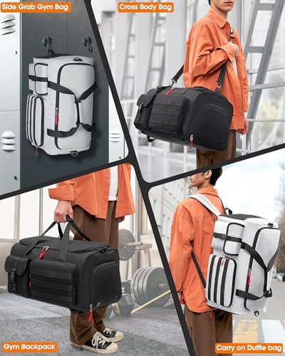 RAINSMORE Gym Bag for Men, 45L Sports Travel Duffel Bag with Shoe & Laptop Compartment, Gym Workout Backpack Carry On Weekender Bag Overnight Backpack for Travel, Grey - Image 3