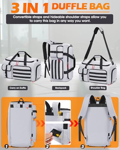 RAINSMORE Gym Bag for Men, 45L Sports Travel Duffel Bag with Shoe & Laptop Compartment, Gym Workout Backpack Carry On Weekender Bag Overnight Backpack for Travel, Grey - Image 2