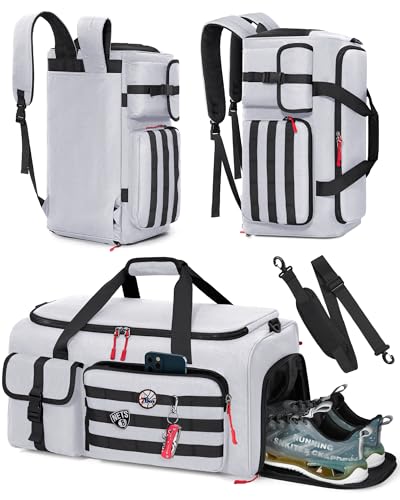 RAINSMORE Gym Bag for Men, 45L Sports Travel Duffel Bag with Shoe & Laptop Compartment, Gym Workout Backpack Carry On Weekender Bag Overnight Backpack for Travel, Grey - Image 1