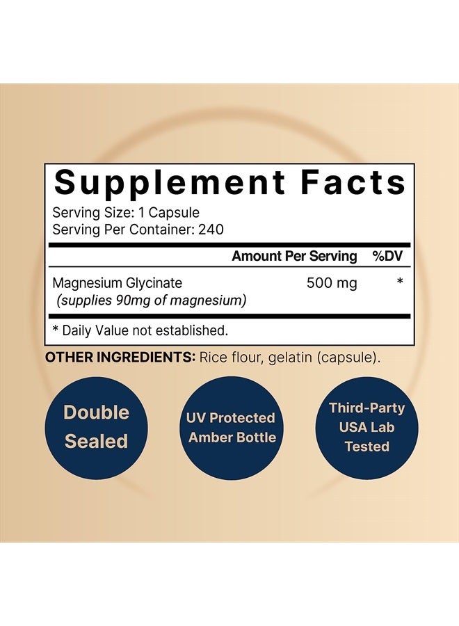 NatureBell Magnesium Glycinate Capsules 500mg, 100% Chelated And Purified, 3rd Party Tested, Non-GMO And Gluten Free - 240 Count - Image 2