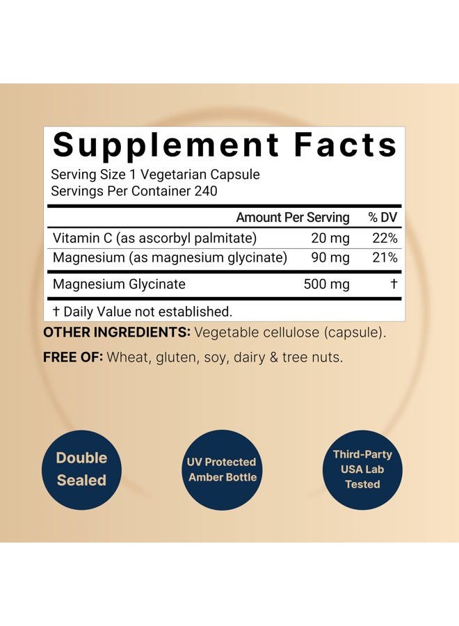Naturebell Pure Magnesium Glycinate 500mg, 240 Veggie Capsules | 100% Chelated & Purified – 3rd Party Tested, Vegan Friendly, Non-GMO, Filler Free - Image 2