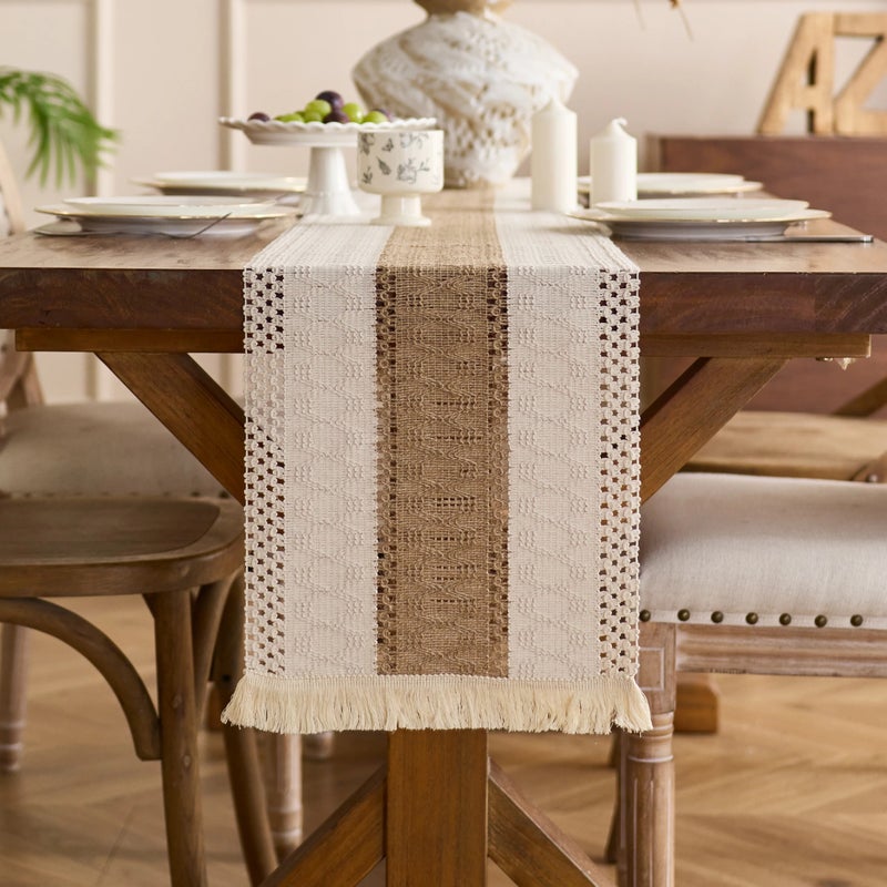 Y&D Two-Color Woven Tassels Wedding Table Runners – Embroidered Cotton Linen Dining Table Cover for Rustic Chic Decor - Image 2