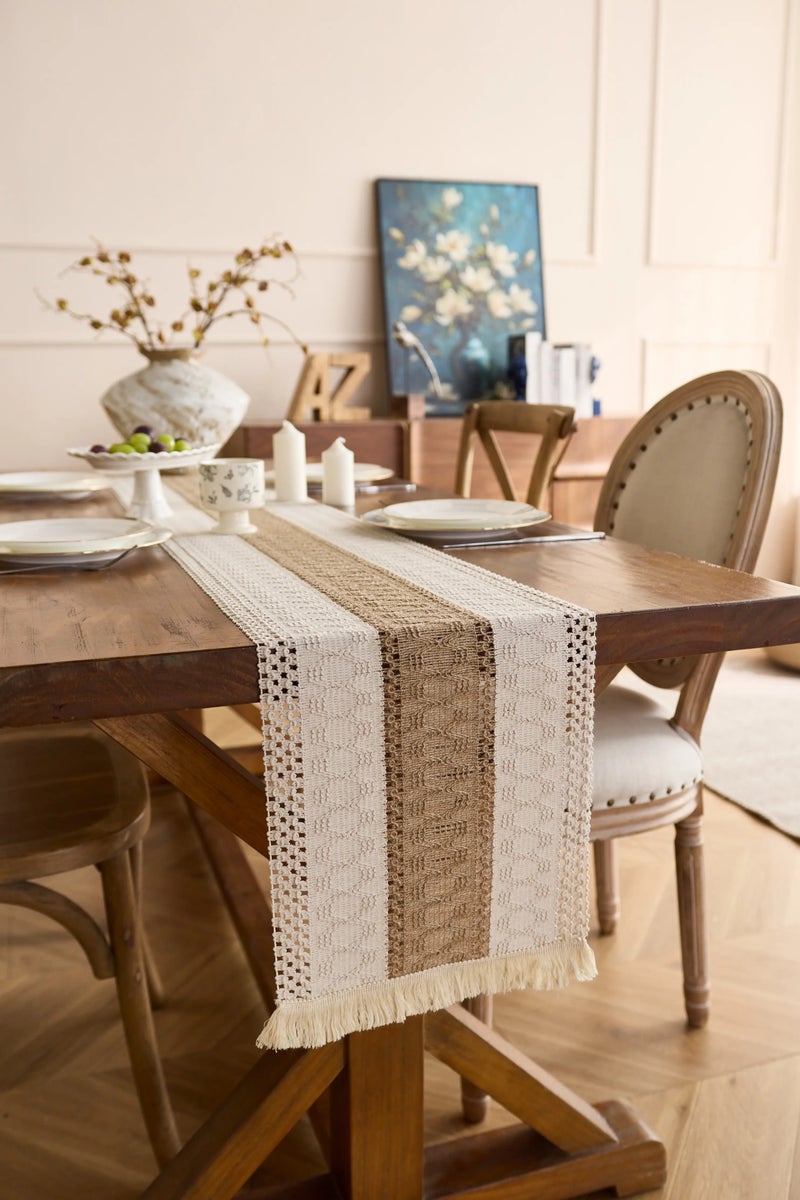 Y&D Two-Color Woven Tassels Wedding Table Runners – Embroidered Cotton Linen Dining Table Cover for Rustic Chic Decor - Image 1