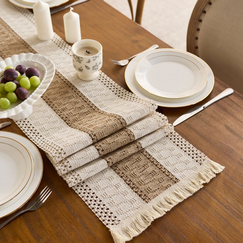 Y&D Two-Color Woven Tassels Wedding Table Runners – Embroidered Cotton Linen Dining Table Cover for Rustic Chic Decor - Image 3