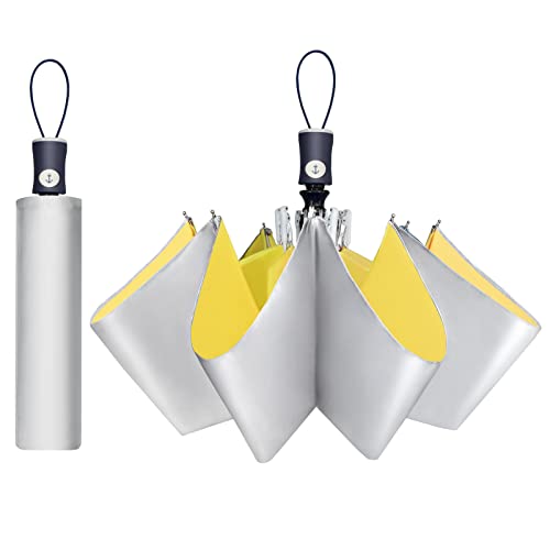 Cuby UV Sun Umbrella Compact Folding Travel Umbrella Auto Open and Close for Windproof, Rainproof & 99% UV Protection Parasol with Black Anti-UV Coating (Silver Yellow) - Image 1