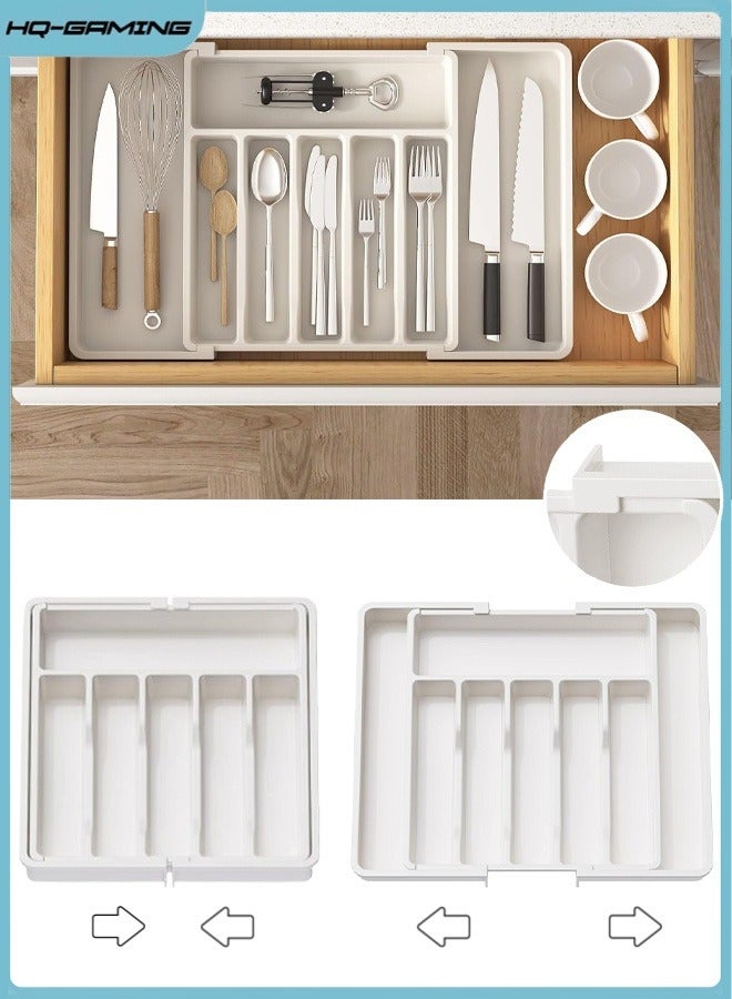 HQ-GAMING Silverware Drawer Organizer, Expandable Utensil Tray for Kitchen, BPA Free Flatware and Cutlery Holder, Adjustable Plastic Storage for Spoons Forks Knives, Large, White - Image 1