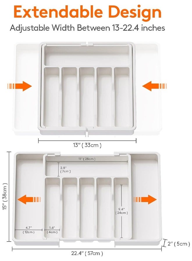 HQ-GAMING Silverware Drawer Organizer, Expandable Utensil Tray for Kitchen, BPA Free Flatware and Cutlery Holder, Adjustable Plastic Storage for Spoons Forks Knives, Large, White - Image 2