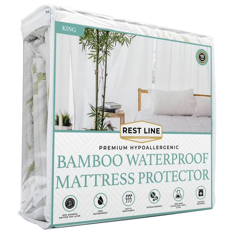 REST LINE PREMIUM BEDDING حماية مرتبة من الخيزران المقاوم للماء بحجم كينغ 78x80 بوصة، 100% فسكوز من الخيزران، مضاد للحساسية، غطاء مرتبة بارد، ناعم وقابل للتنفس بتصميم ملاءة مشدودة حتى عمق 18 بوصة - رست لاين - Image 1