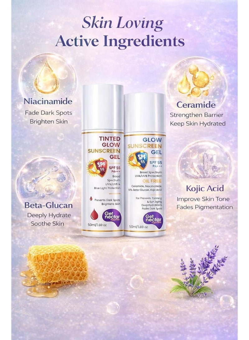Get Nectar Happiness احصل على مجموعة Nectar Happiness (عامل حماية SPF 55 PA+++): واقي شمس ملون + جل واقي شمس يمنح البشرة إشراقة | حماية واسعة النطاق من الأشعة فوق البنفسجية (UVA وUVB) | لا يترك أثراً أبيض | تركيبة غير دهنية | مناسب لجميع أنواع البشرة (عبوة ثنائية، سعة 50 مل لكل عبوة) - Image 3