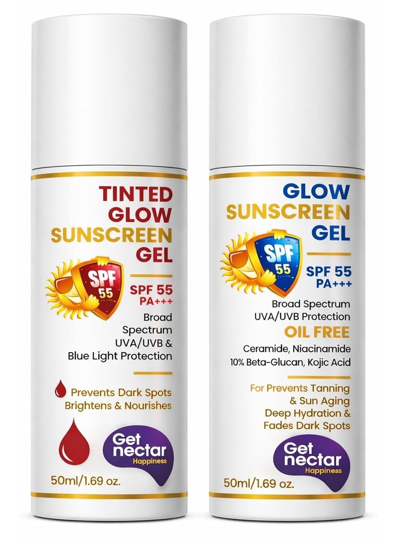 Get Nectar Happiness احصل على مجموعة Nectar Happiness (عامل حماية SPF 55 PA+++): واقي شمس ملون + جل واقي شمس يمنح البشرة إشراقة | حماية واسعة النطاق من الأشعة فوق البنفسجية (UVA وUVB) | لا يترك أثراً أبيض | تركيبة غير دهنية | مناسب لجميع أنواع البشرة (عبوة ثنائية، سعة 50 مل لكل عبوة) - Image 1