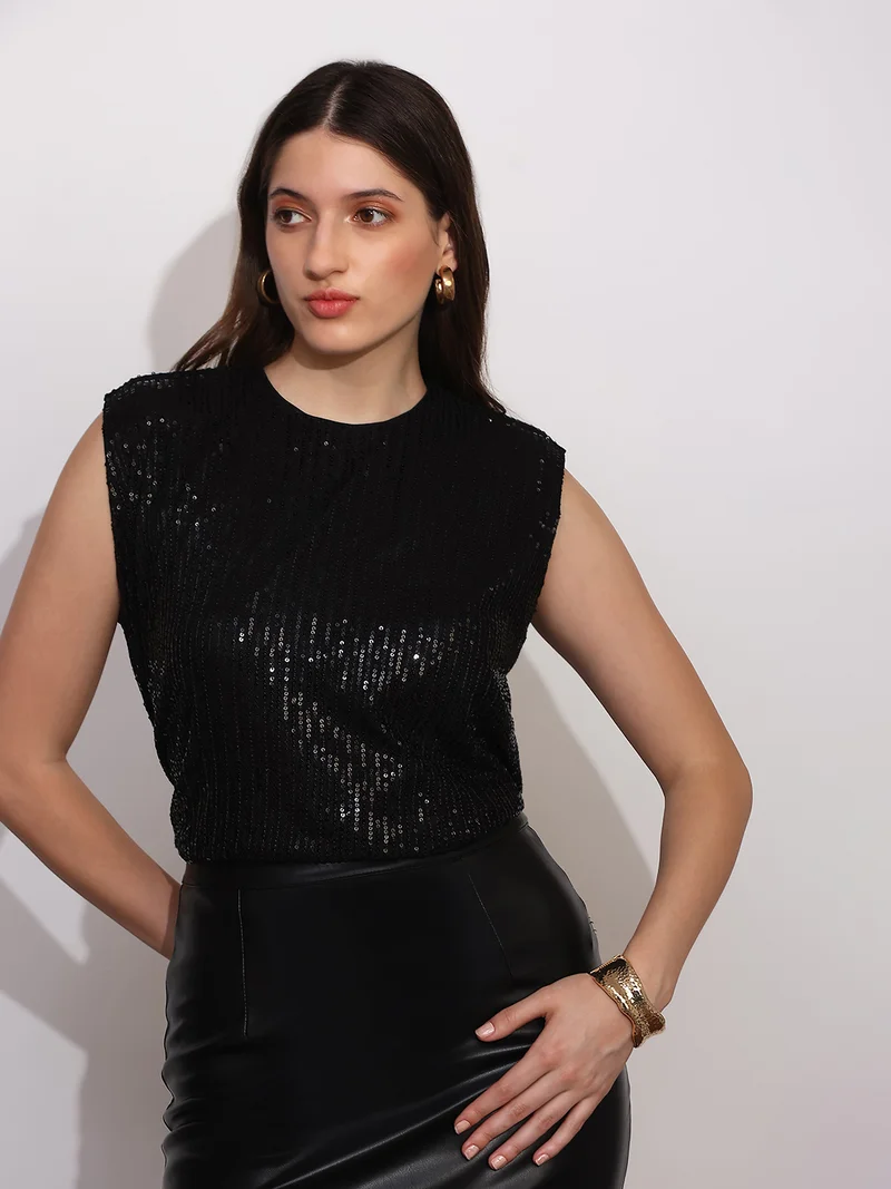 Globus Women Black Sequinned Embellished Round Neck Sleeveless Party Top