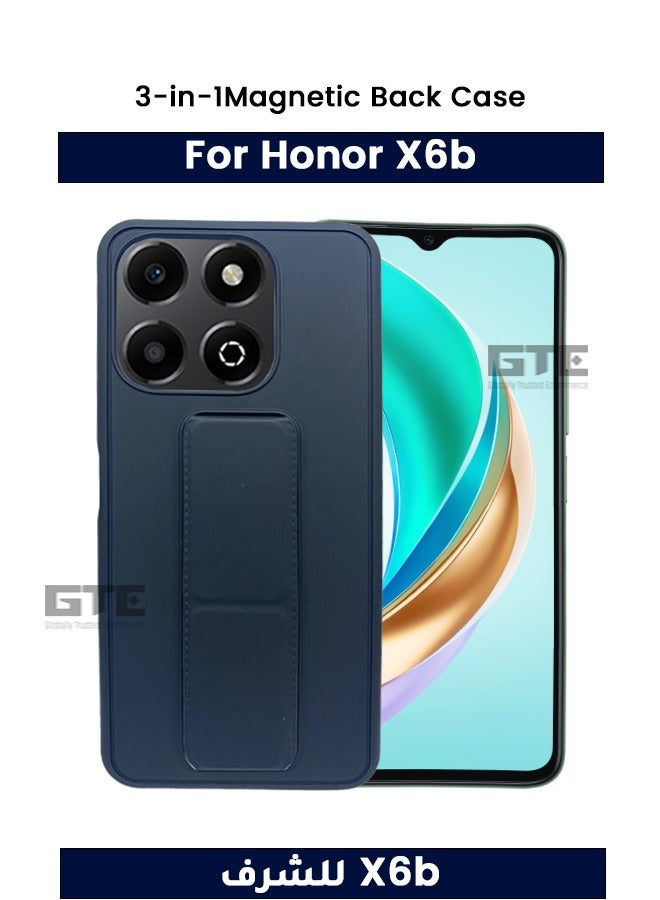 3-in-1 Magnetic Wrist Strap Hand Grip Stand Back Case Cover for Honor X6b-Navy Blue