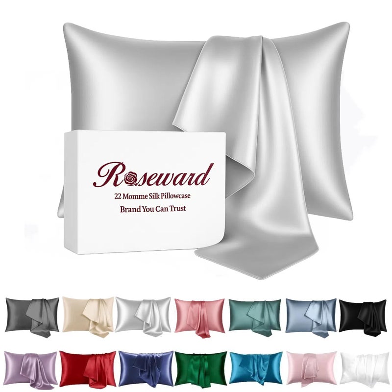 ROSEWARD Grey Mulberry Silk Pillowcase for Acne Prone Skin Sleeping Women, Pure 22 Momme Hypoallergenic Silk Pillow Cases with Zipper, Natural Cooling Pillow Case from USA, 1 Pc 20"x26" (Standard, Grey) - Image 1