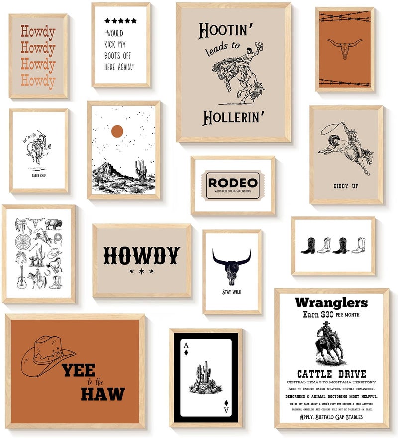 KBKBART Retro Western Wall Art Set â€“ 15 Vintage Cowboy & Desert Prints, Wild West Rodeo and Southwest Decor for Living Room, Bedroom, or Office (Unframed, Multi Sizes, 11"x14" Largest) - Image 1