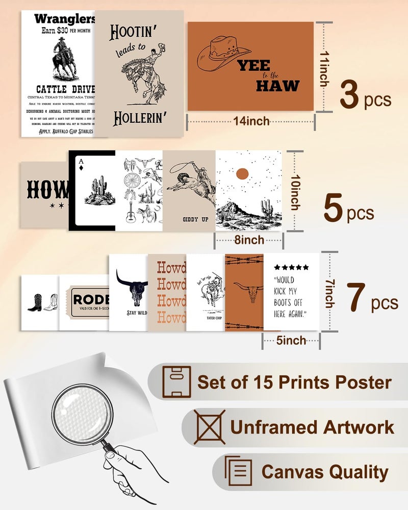 KBKBART Retro Western Wall Art Set â€“ 15 Vintage Cowboy & Desert Prints, Wild West Rodeo and Southwest Decor for Living Room, Bedroom, or Office (Unframed, Multi Sizes, 11"x14" Largest) - Image 2