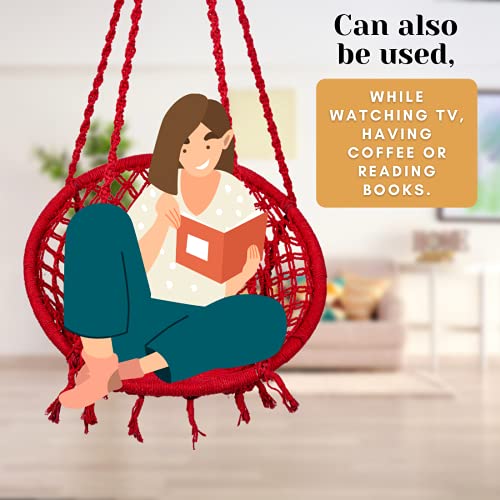 Swingzy Cotton Netted Rope Hanging Swing Chair for Adults & Kids/Swing for Balcony/Outdoor Swing Chair/Hammock Swing for Home, Patio, Garden, Indoor/Balcony Hanging Chair (Red) - Image 5