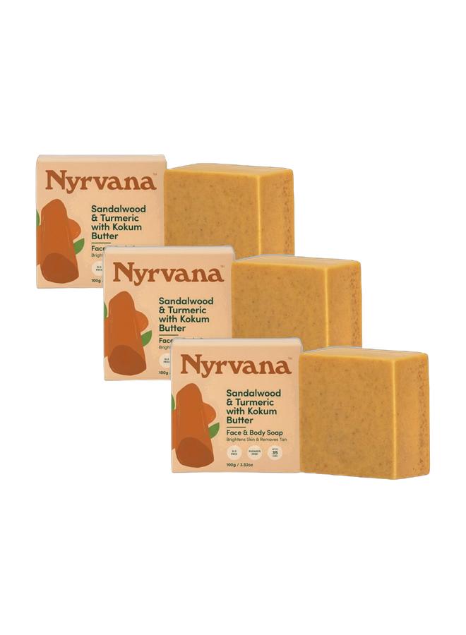 Nyrvana Sandalwood & Turmeric with Kokum Butter Soap | Pack of 3 x 100g (3.52 oz) | Brightening & Anti-Inflammatory | Ayurvedic Formula | Natural Face & Body Soap for Even Radiant Skin - Image 1