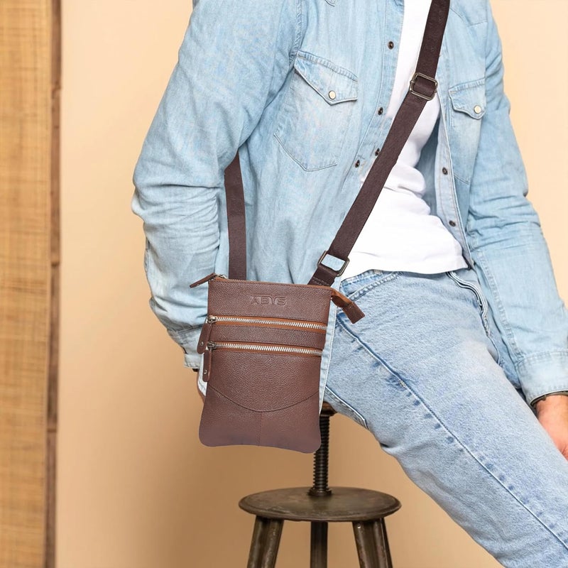 ABYS حامل جواز سفر من الجلد الطبيعي || حقيبة نقدية || حقيبة عنق || حقيبة كتف للرجال والنساء (بني)  - Image 4