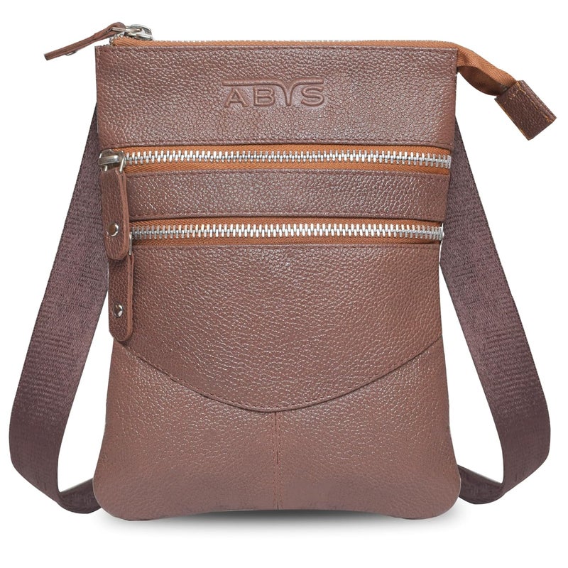 ABYS حامل جواز سفر من الجلد الطبيعي || حقيبة نقدية || حقيبة عنق || حقيبة كتف للرجال والنساء (بني)  - Image 1