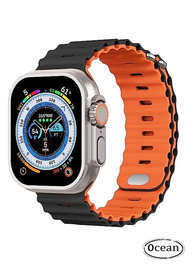 Ocean - 1 Piece Apple Watch Ocean Band 49mm 45mm 44mm 42mm Soft Silicone Loop Strap For iWatch Series Ultra/8/7/SE/6/5/4/3/2/1 Black/Orange - Image 1