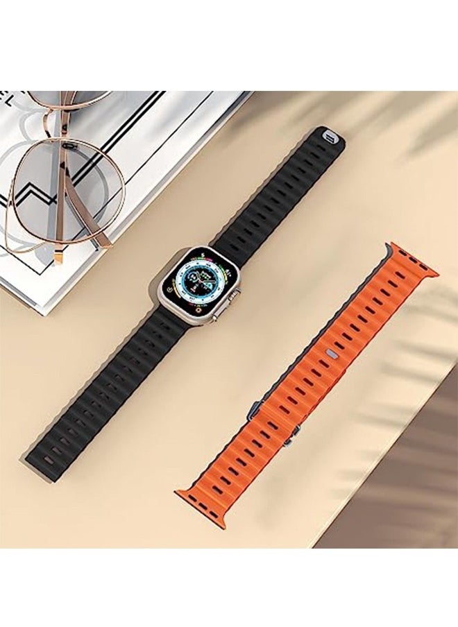 Ocean - 1 Piece Apple Watch Ocean Band 49mm 45mm 44mm 42mm Soft Silicone Loop Strap For iWatch Series Ultra/8/7/SE/6/5/4/3/2/1 Black/Orange - Image 1