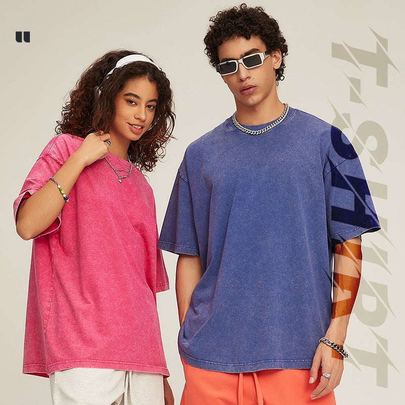 Nd-8356 Washed Batik Old Shoulder Cotton Round Neck Dopamine T-Shirt American-Style Simple All-Match - Image 5