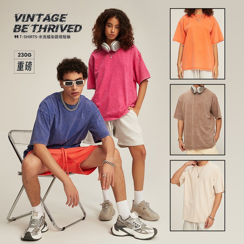 Nd-8356 Washed Batik Old Shoulder Cotton Round Neck Dopamine T-Shirt American-Style Simple All-Match - Image 2