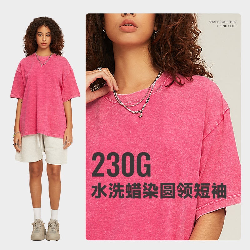 Nd-8356 Washed Batik Old Shoulder Cotton Round Neck Dopamine T-Shirt American-Style Simple All-Match - Image 4