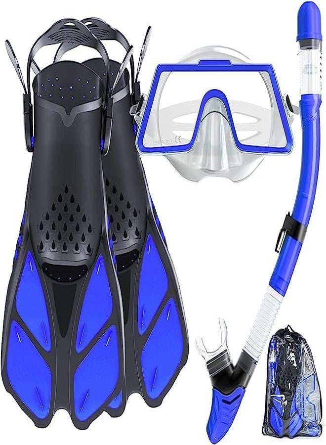 FEELING MALL Swimming Diving Silicone Fins | Snorkel Scuba Eyeglasses | Mask Snorkel Silicone Set | Breathing Anti-Leak Dry Top Snorkel (Blue) - Image 1