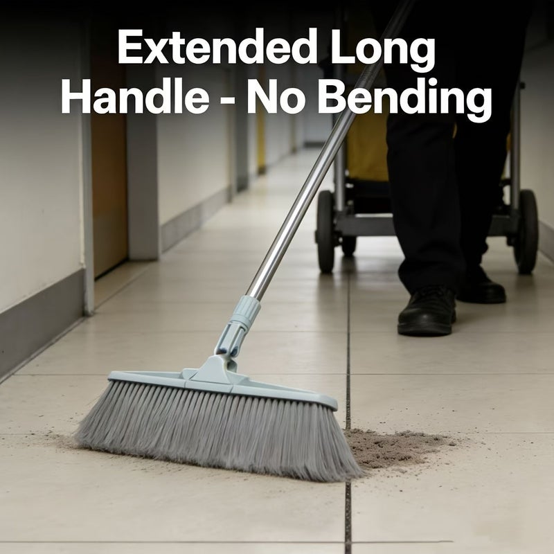 Grey Heavy Duty Broom Floor Brush with Long Handle Thickened Fiber Soft Bristles and Crevice Brush Bathroom Cleaning Tool for Toilet Hard to Reach Areas Outdoor Garden Broom Suitable for Floor Gaps Garage Yard and Terrace - Image 1