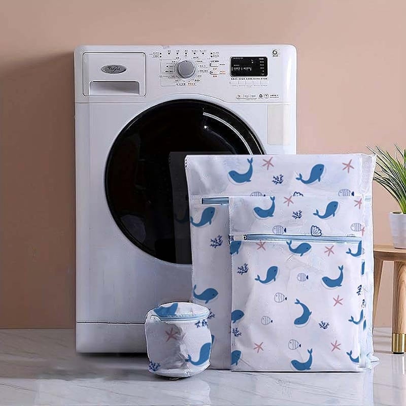 Lukzer Lukzer Mesh Laundry Clothes Washing Bag Pack of 3 with Premium Rust Free Zipper Store Dirty Clothes Washing Bags Blouse Bra Hosiery Lingerie Stocking Jeans Fish Prints - Image 1