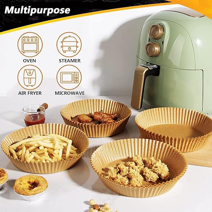 WISHOME Air Fryer Disposable Round Paper Liner Disposable air Fryer Paper Liners, Water-Proof, Oil-Proof, Food Grade Parchment Paper for Baking Roasting Microwave 16 Cms(100 Pieces) - RA063 - Image 3