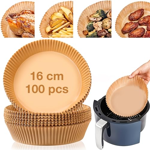 WISHOME Air Fryer Disposable Round Paper Liner Disposable air Fryer Paper Liners, Water-Proof, Oil-Proof, Food Grade Parchment Paper for Baking Roasting Microwave 16 Cms(100 Pieces) - RA063 - Image 1