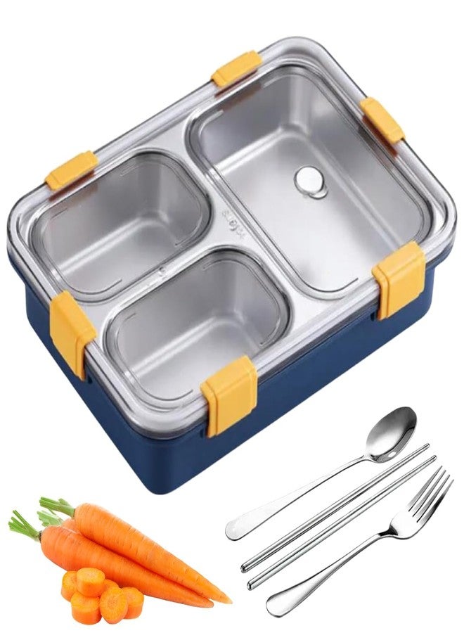 Akshify Premium Stainless Steel Lunch Box with 3 Compartment | BPA-Free Plastic Outer Body with Secure Locking Clips & Transparent Lid | Ideal for Office, School, College & Travel | Blue Color - Image 1