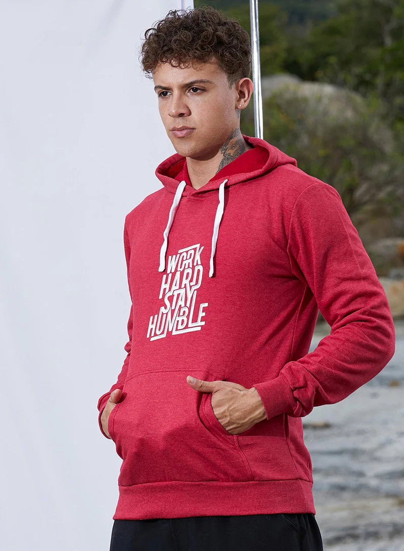 Campus Sutra Men's Red Work Hard Stay Humble Hoodie For Casual Wear | Hooded Neck | Long Sleeve | Pull On Closure | Cotton Sweatshirt Crafted With Comfort Fit For Everyday Wear
