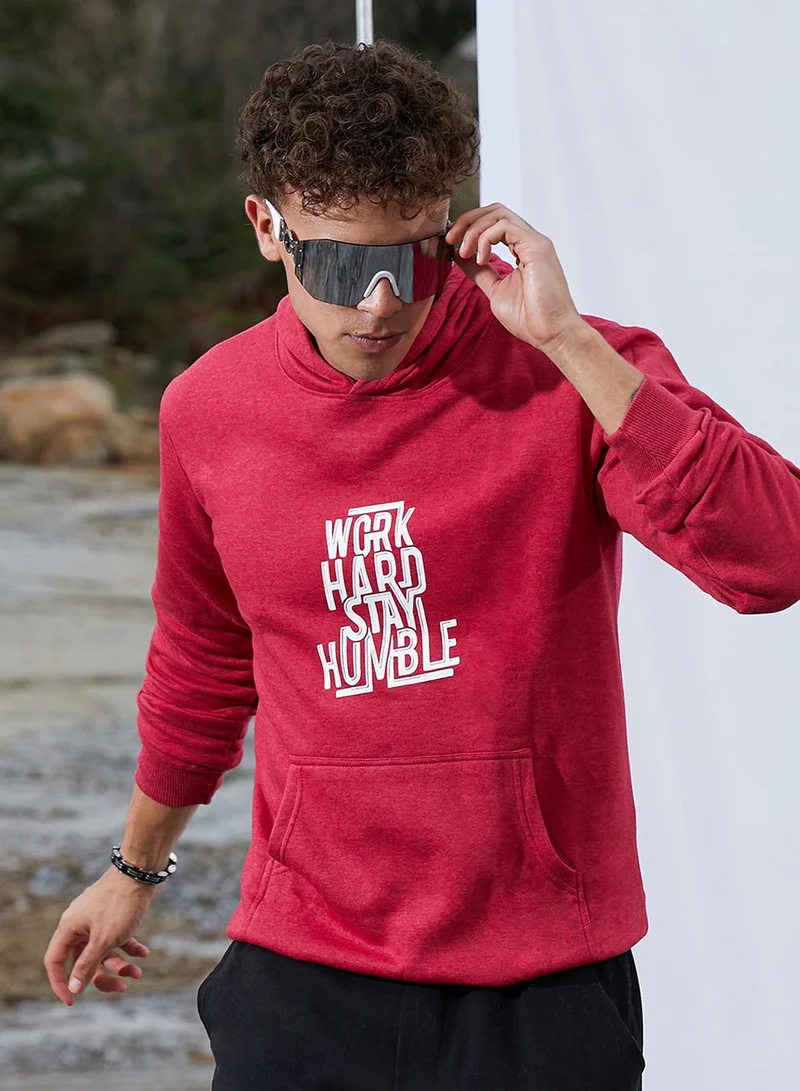 Campus Sutra Men's Red Work Hard Stay Humble Hoodie For Casual Wear | Hooded Neck | Long Sleeve | Pull On Closure | Cotton Sweatshirt Crafted With Comfort Fit For Everyday Wear